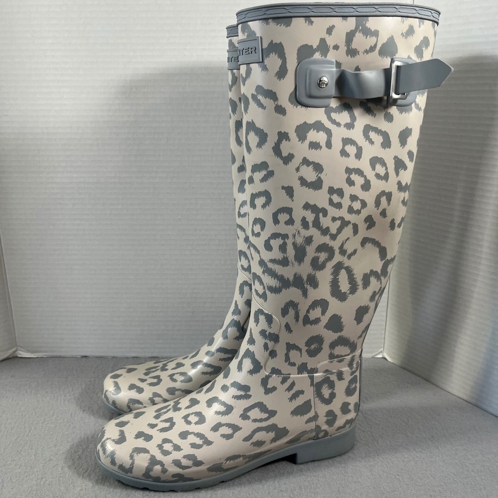 Hunter Womens Leopard Print Tall Rain Boots Grey‎ Cream Rubber waterproof